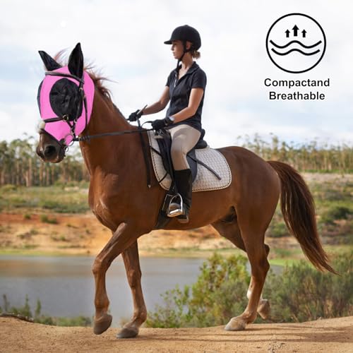 FOXLVDA 3 Pcs Horse Fly Mask-Fly Masks for Horses with Ears, Breathable Elastic Fabric for Sun Protection for Large/Medium Size Adult Horses (Pink-Purple-Blue, Large) - Thumbnail 5