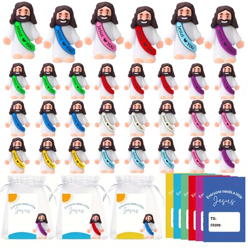 Holydeck 24 Pack Little Jesus Figurines Toys Set Jesus Love You Mini Rubber Toys Includes 24pcs Organza Bag and Gift Cards Perfect for Kids Sunday School Baptism Gifts Party Favor