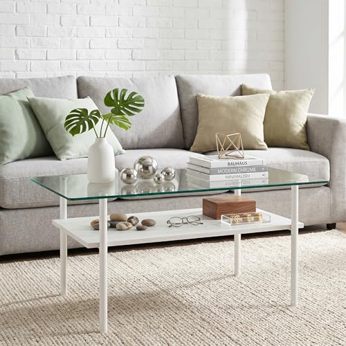 Image of 38.6 inch Glass Coffee Table for Living Room, 2-Tier Modern White Center Table with Tempered Glass Top, Wood Shelf & Metal Legs, Accent Tea Table for Small Space, Apartment,Easy to Assemble