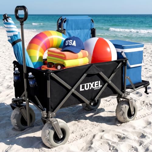 Image of Beach Wagon with Big Wheels for Sand - Heavy Duty Collapsible Folding Utility Wagon Cart 300lb Capacity with 9 inch All-Terrain Pneumatic Tires & Cup Holders - Portable Garden Camping Outdoor Cart (Black)