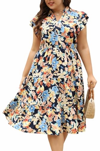 Keluummi Plus Size Wedding Guest Midi Dresses for Curvy Women, Summer Casual Floral Short Sleeve A Line Sundress with Pockets
