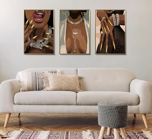HHN 3 Pcs Black Woman Poster Wall Art African American Black Female Pictures Wall Decor Black Canvas Print African American Decor Artwork for Bedroom Living Room Bathroom Office Home Decoration by HHN - Image 5