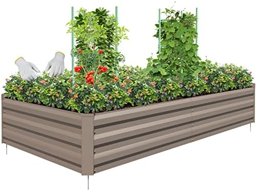 Raised Garden Bed, Galvanized Raised Garden Beds Outdoor for Vegetables Flowers Herbs, Steel Planter Box with Metal Fix Stakes Raised Garden Bed Kit with 2Pcs Tomato Cage and 1Pc Gloves, Brown 8×4×1FT