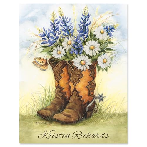Colorful Images Country Boots Personalized Note Cards, Set of 12, 4.25" x 5.5", Envelopes included, specify 1 line, up to 18 characters