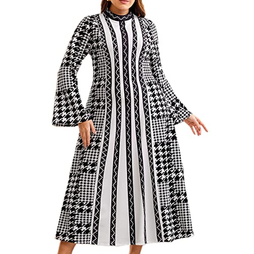 Wdirara Women's Plus Size Houndstooth Dress Chevron Print Mock Neck Butterfly Sleeve Long Dress White And Black 5Xl #TOP12