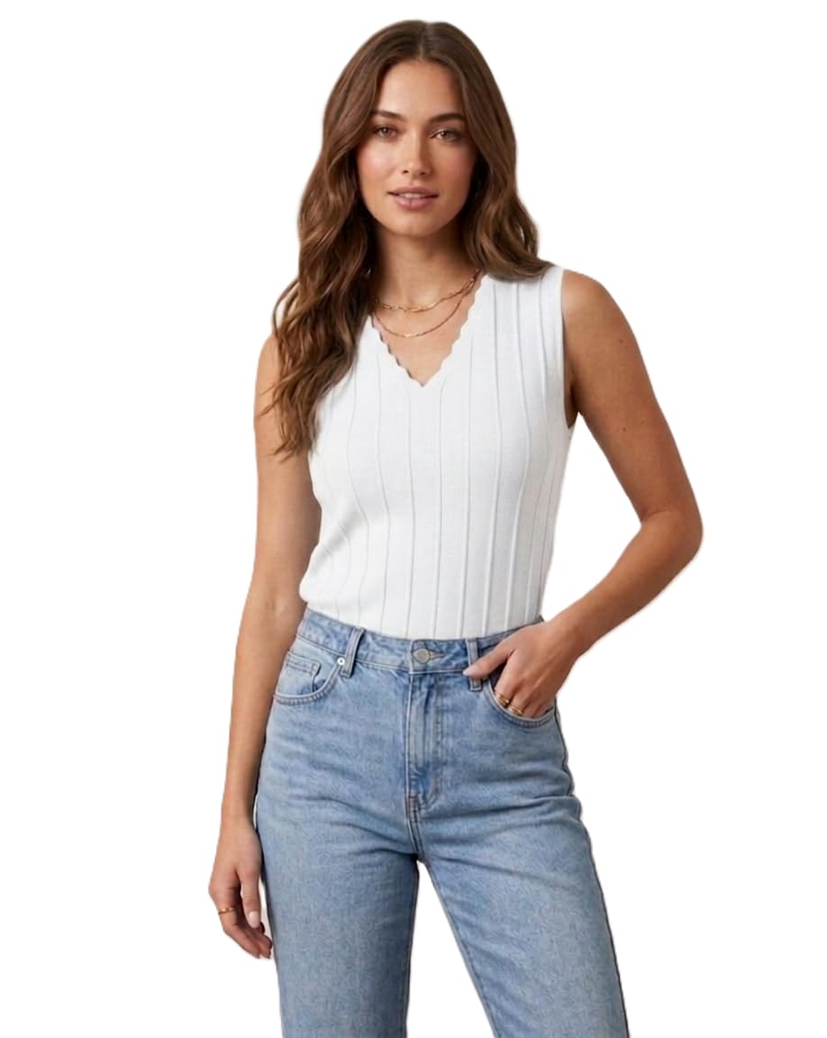 bedazzle Sleeveless Ribbed Knit top with a Scalloped V-Neckline,-picture-44