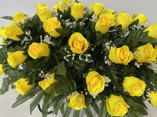 Yellow Rose With Baby's Breath Flowers Cemetery Headstone Saddle Arrangement #TOP2