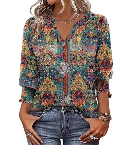 Hount Womens 3/4 Sleeve Boho Tops Peasant Blouses Dressy Casual V Neck Shirts Summer Ladies Henley Tops Smocked Cuffed Bohemian Top F3 XXL