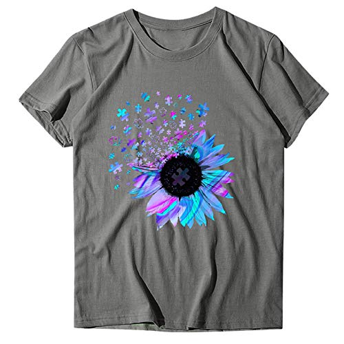 Talla Grande para Mujer Estampado De Girasol Camiseta Holgada De Manga Corta Cuello Redondo Casual Cover