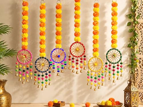 Image of Divyakosh Marigold Flower Hanging Decoration Set of 4 for Festive & Puja Decor | Artificial Marigold Hanging for Backdrop, Wall, Door, Temple & Living Room | 31 Inches