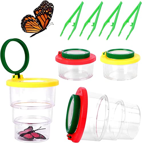 PlsMupn 4 pièces Boîte Loupe à Insecte, Conteneur de loupe d'insectes Incluses Pincettes, Boîte à Insectes Portable pour Science/Exploration Nature et Collection d’ Insectes, pour Les Enfants