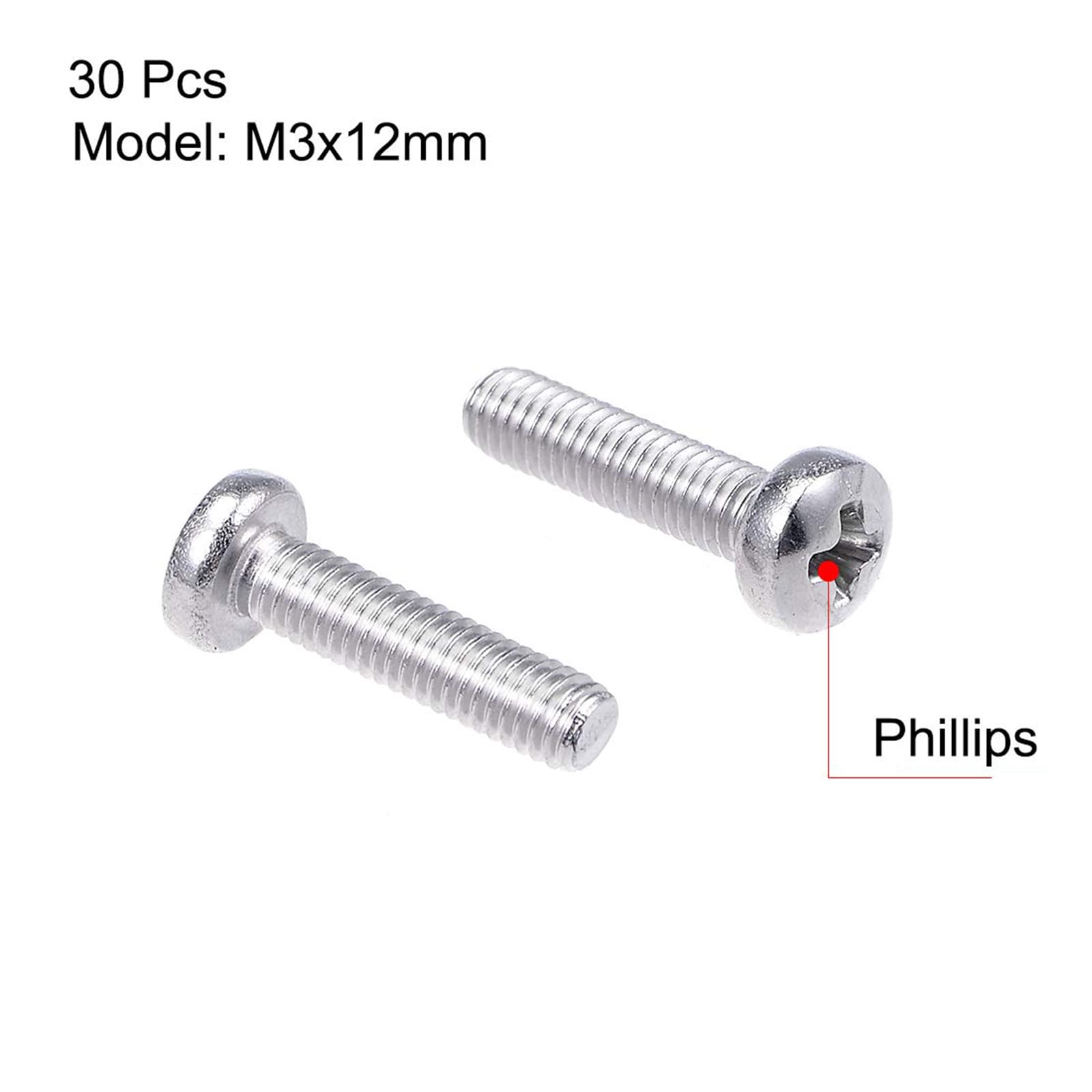 MACHSWON M3x12mm Machine Screws Pan Phillips Cross Head Screw 304 Stainless Steel Round Head Cross Screw Fasteners Bolts 30Pcs - Image 2