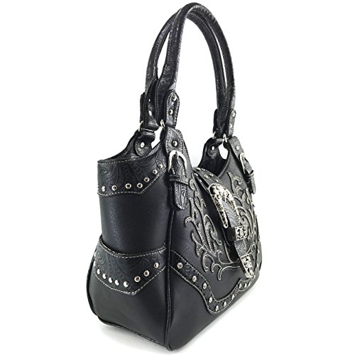 Justin West Western Floral Embroidery Studs Bling Rhinestone Buckle Shoulder Concealed Carry Handbag Purse (Black Large Tote)2