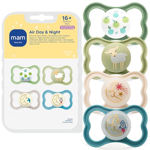 MAM Air Pacifier for Babies 16+ Months Extra Air Flow for Sensitive Skin Glows in The Dark Developed with Medical Experts BPA-Free Skin Soft Silicone 4 Count Made in Europe