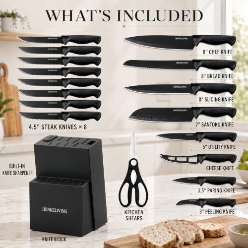19-Piece Black Kitchen Knife Block Set with Built-in Sharpener - image 2