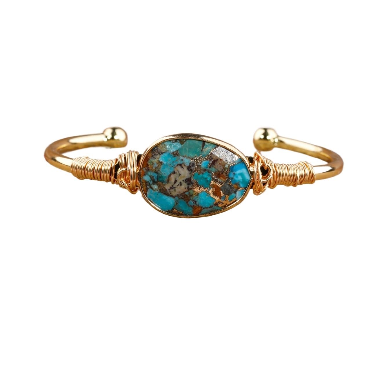 HXSCOO Natural Gold Line Turquoises Stone Open Cuff Bangle for Women Fashion Quartz Crystal Craft Jewelry Gift (Color : Gold Line Turquoise)