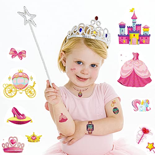 Viwieu Glitter Princess Temporary Tattoos For Kids Bulk 15 Sheets, Girls Shinning Birthday Party Favor Gift, Children Body Decorations Piñata Fillers - Crown, Unicorn, Butterfly, Dress Tattoos #TOP2