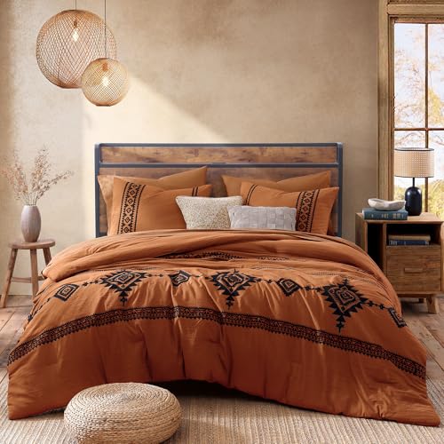 MaiRêve Burnt Orange Embroidery Comforter Set King Size - 7 Pieces, Farmhouse Western Bedding Sets All Season, Boho Bed in A Bag King with Sheets, Comforters, Pillowcases & Shams - Image 5