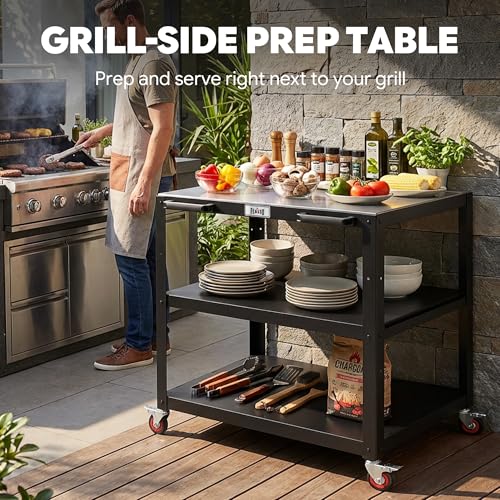 Feasto 36''x 24'' Heavy-Duty Outdoor Pizza Oven Table, 304 Stainless Steel Grill Table with Lockable Wheels for Pizza Ovens & Griddles, 3-Shelf Prep Table for Deck, Patio BBQ & Parties