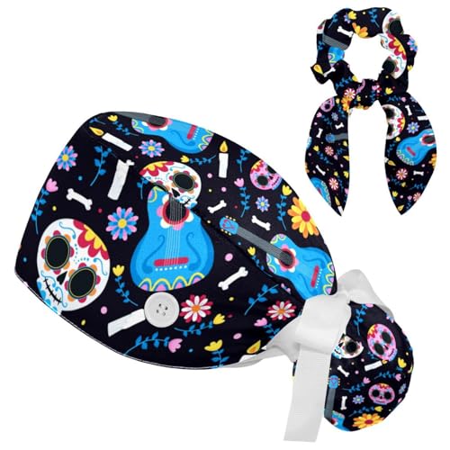 Working Cap with Button Sweatband, Flower Skull Guitar, Scrub Cap Surgical Hats for Women Long Hair