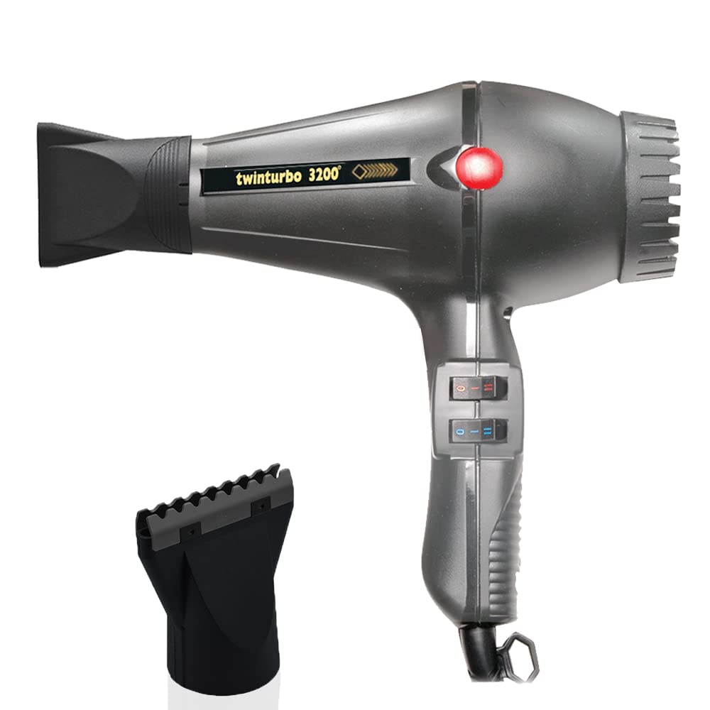 Turbo Power Twin Turbo 3200 Dark Grey Hair Dryer + M Hair Designs Hot Blow Attachment (Bundle) – Professional High-Speed Dryer for Smooth & Fast Drying