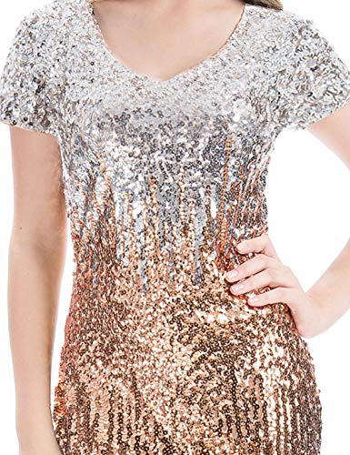 Image of MANER Women's Sequin Glitter Short Sleeve Dress Sexy V Neck Mini Party Club Bodycon Dresses