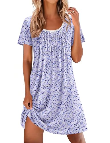 Image of Ekouaer Nightgowns for Women Pleated Sleep Shirts Short Sleeve Night Shirts Lace Trim Night Gown Ladies Sleep Dress