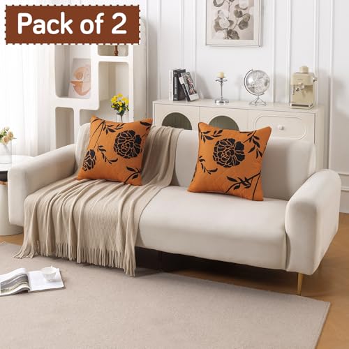 Image of HOKIPO 'Elira Series' Printed Quilted Cushion Cover for Sofa 22x22 Inches, Set of 2, Copper Brown Floral (AR-6232-C8*2)