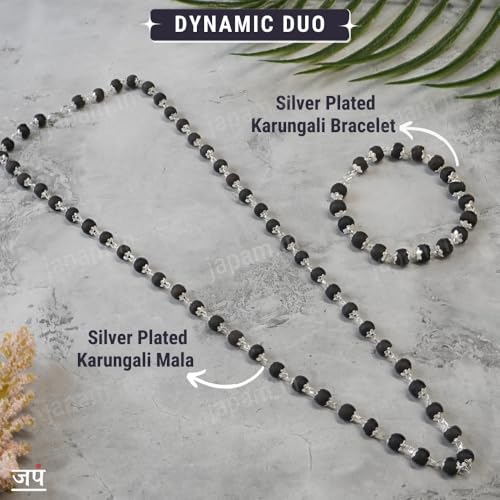 Image of Japam Original Karungali Mala 54+1 Beads & Karungali Bracelet Combo | Lab Tested Black Ebony Wood (Karungali Malai) | Silver Cap Spiritual Beads for Meditation, Pooja, Healing | Men & Women