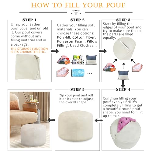 Thgonwid Unstuffed Faux Leather Pouf Cover, Handmade Footstool Ottoman Storage Solution, Floor Footrest Cushion - 16.5”Dx12”H, Ivory White