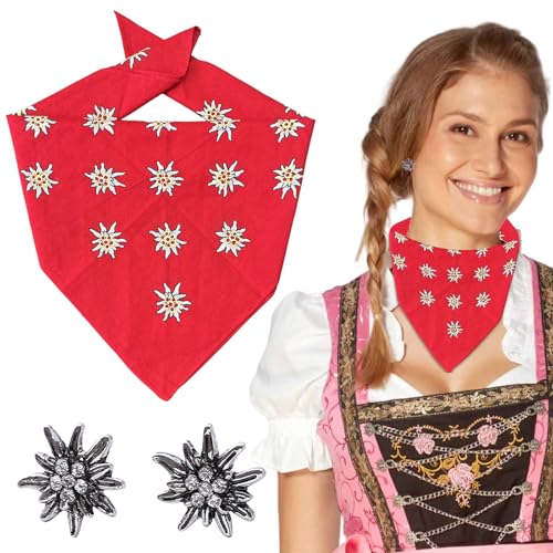 Scinzene Edelweiß Trachtentuch für Damen mit Edelweiß Ohrstecker - Dunkelrotes Baumwolle-Halstuch 55x55 cm Ideal für Oktoberfest Accessoires Bayerische Trachten Veranstaltungen Feste und Karneval ﻿