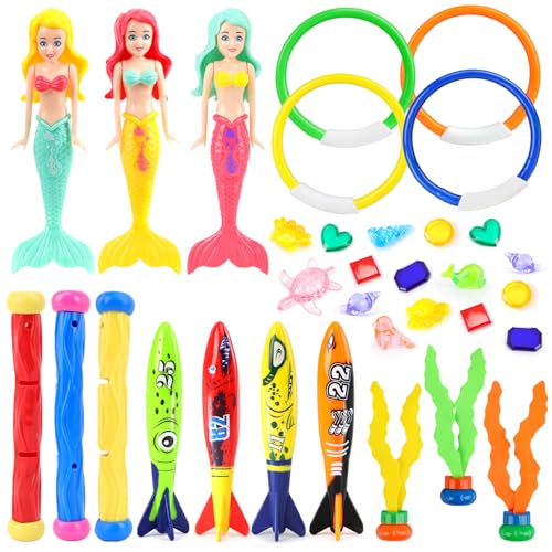 33Pcs Kids Swimming Pool Diving Toys Water Sinkies Sinkers with Dive Sticks Mermaid Gems Rings Rocket Torpedo Seagrass, Childrens Toddler Girls Boys Swim Party Paddling Pools Games Small Sinky Toy