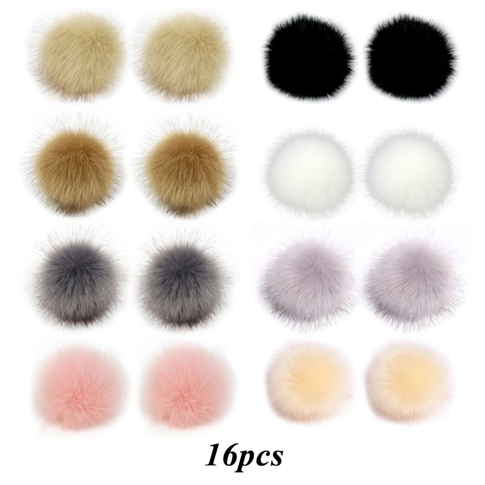 Pack De 16 Pompons En Fausse Fourrure Pour Bonnets - Bouton Pression - Tailles 8,10,12,14 Cm - Pour Décorer Chapeaux, écharpes, Sacs