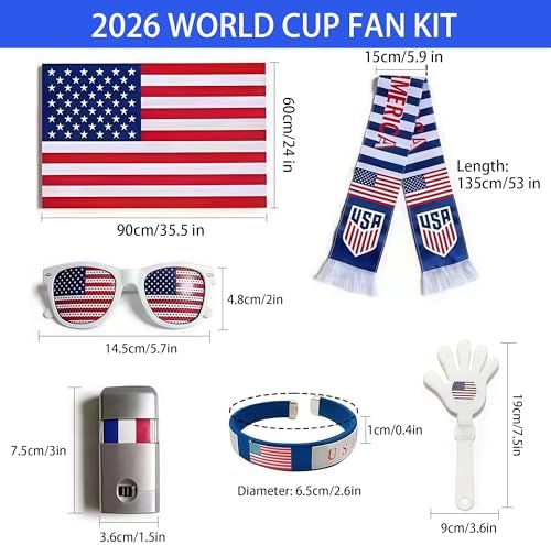 2026 World Cup Merch Soccer Fan Kit 6Pcs USA Soccer Fan Gear Set with American Flag, Glasses, Face Paint, Wristband, Clappers, Scarf - for Stadiums, Watch Parties, Patriotic Day 250 Anniversary — view 2
