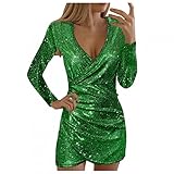 Minikleid Damen Sexy Eng Kurz Abendkleid Glitzer Partykleid V Ausschnitt Tief Cocktailkleid Elegant Partykleider Wickelkleid Festlich Tunika Kleid Herbstkleid Langarm Figurumspielend Freizeitkleid