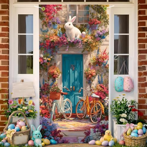 Image of Easter Door Cover Artistic Bunny Floral Banner Spring Front Door Decorations Oil Painting Style Outside Party Home Decor 35.4x71 Inch