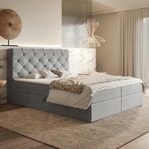 MOTIVENA Margo Chesterfield Boxspringbett 180x200 mit Bettkasten und Topper, Polsterbett 180x200 mit Bettkasten, Taschenfederkern-Matratze (H3), T28 Schaumstoff Topper (H3), mit Strass, Samt, Grau