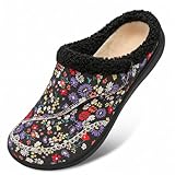 LeIsfIt Womens Wide Slippers Adjustable Diabetic Slippers Warm Cozy Slip on House Slipper Non-slip Memory Foam Winter House Shoes Indoor Outdoor Black Flower Size 8