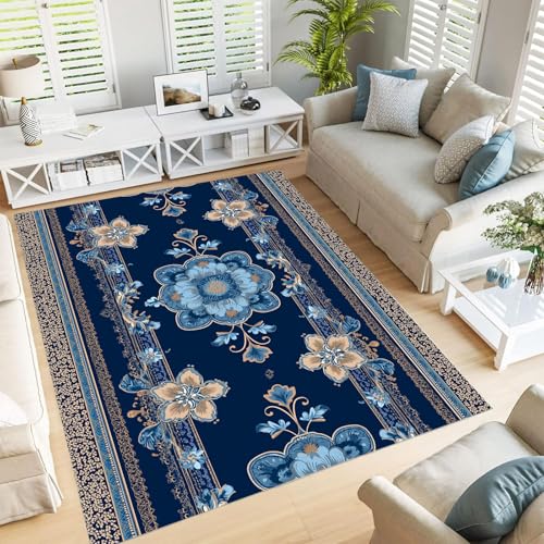 Tapis fleurs ethniques de tradition orientale bleu marine premium - 2
