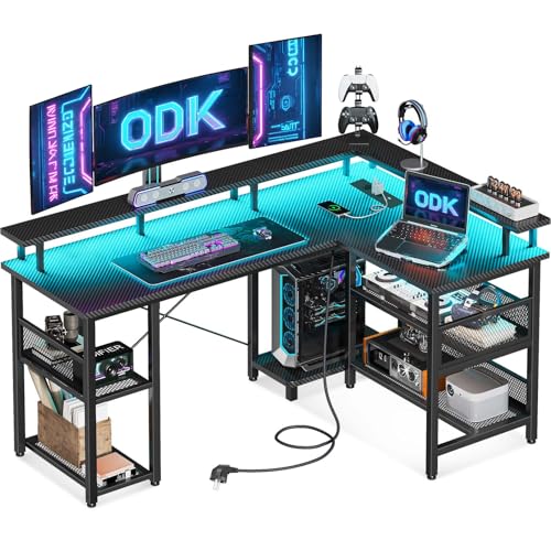 Odk Mesa Gaming Con Led, Escritorio Gaming Reversible Con 2 Enchufes Y 2 Puertos Usb, Escritorio Esquinero Grande Con Estante De Malla, Fibra De Carbono Negra150 102 Cm Odk Mesa Gaming Con Led, Escritorio Gaming Reversible Con 2 Enchufes Y 2 Puertos Usb, Escritorio Esquinero Grande Con Estante De Malla, Fibra De Carbono Negra150 102 Cm
