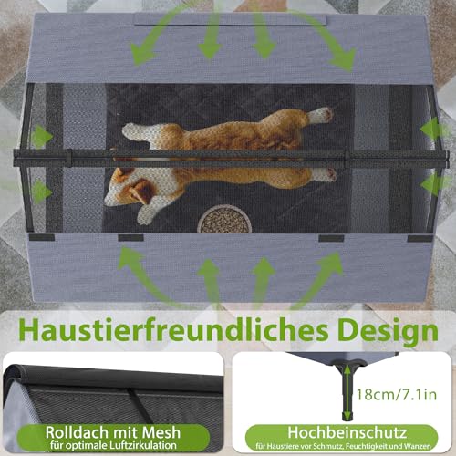 UISEBRT 2 in 1 Hundeliege überdacht & erhöhtes Hundebett mit abnehmbarem Deckel, Outdoor Hundezelt hundehütte für kleine und mittelgroße Hunde bis 80 kg, ideal für Garten, 130 x 84 x 104 cm