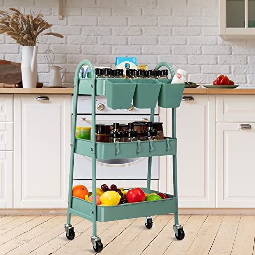 Danpinera 3-Tier Rolling Cart, Metal Rolling Storage Cart With Lockable Wheels & Hanging Cups & Hooks, Mobile Trolley Cart For Kitchen, Bathroom, Office, Workshop, Green #TOP6