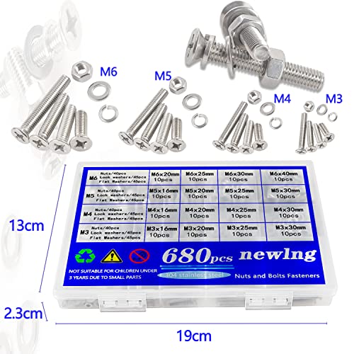 Image of newlng 680pcs M3 M4 M5 M6 Flat Head Phillips Machine Screws with Nuts & Washers Kit 304 Stainless Steel Bolts and Nuts Washers Cross Countersunk Head Screws for DIY Repair Fixing Accessories