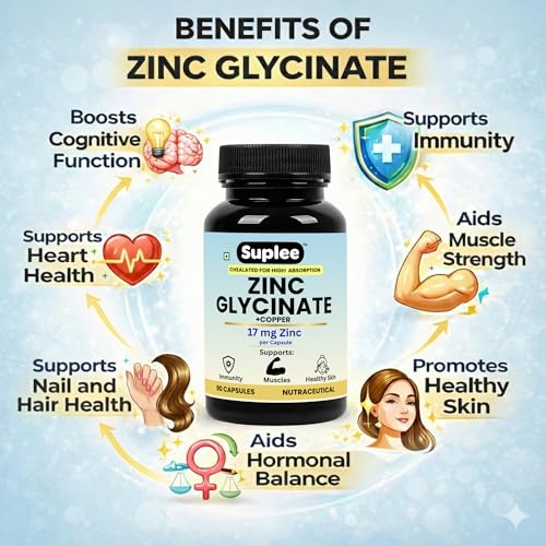 Image of Suplee Zinc Glycinate with Copper Supplement | 17mg Zinc & 1.7mg Copper | High Absorption Chelated Formula for Immunity, Skin & Muscle Health | 90 Veg Capsules (Lab Tested)
