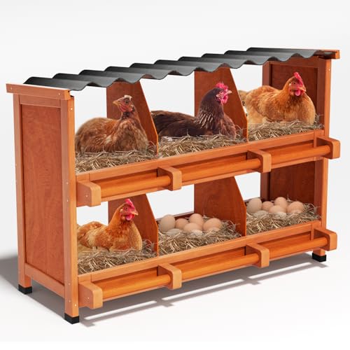 Yhhdjc 6-Compartment Chicken Nesting Boxes for Laying Eggs Premium Pine Wood Design Without Sharp Edges Weather-Resistant Sloped PVC Roof Laying Boxes for Hens Spacious for Large Breeds