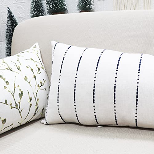 Slow Cow Linen Embroidery Decorative Lumbar Throw Pillow Cover Rectangular Pillowcase Cushion Cover For Bed Couch Sofa 12 X 33 Inches Navy Blue #TOP2