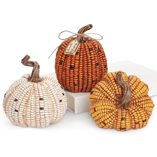 Briful 3PCS Fall Decorative Corn Pumpkin Set – Resin Harvest Pump...
