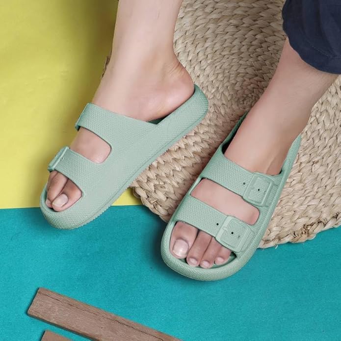Image of Women Adjustable Open Toe Slide Sandals Classic Ultra Soft EVA Footbed Summer Designed to Fit Flat Buckle Sliders for Women & Girls