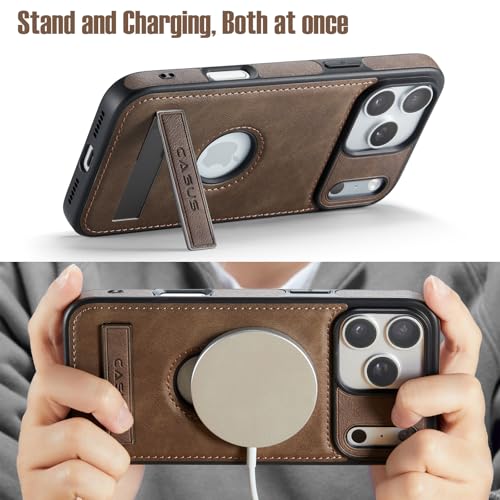 Image of Casus Designed for iPhone 17 Pro Case Compatible with MagSafe Leather Slim Logo View Luxury Elegant Thin Cover with Tempered Glass Screen Protector (2024) 6.3 inch - Grey