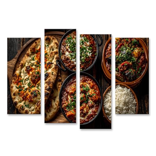 islandburner Tableau sur toile - Diversité exotique indienne - Décoration murale de cuisine pour les gourmets - 4 pièces
